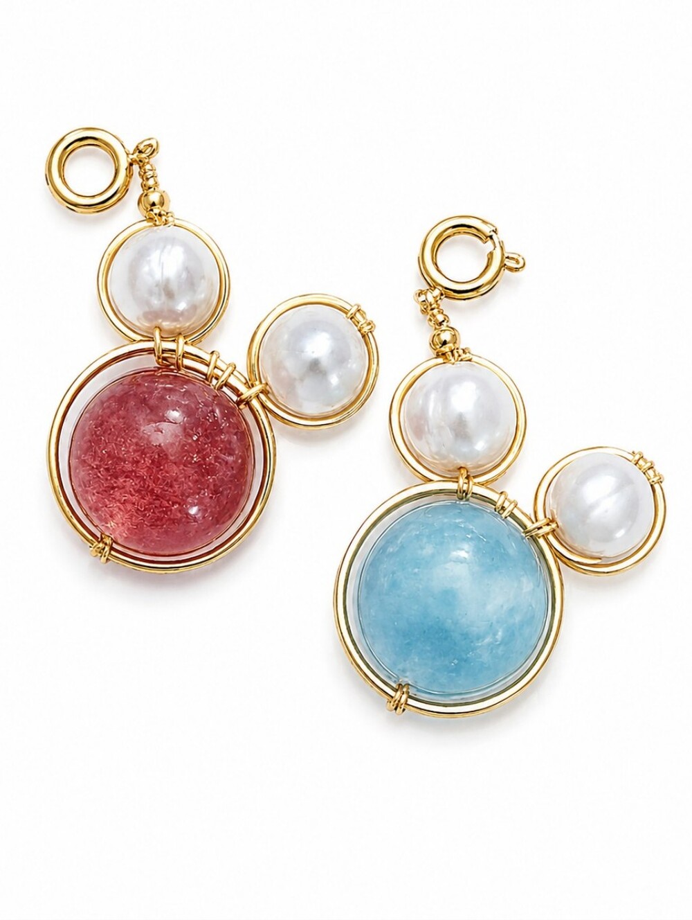 Mickey/Minnie Gemstone Charm Set Aquamarine Strawberry Quartz + Freshwater Pearl